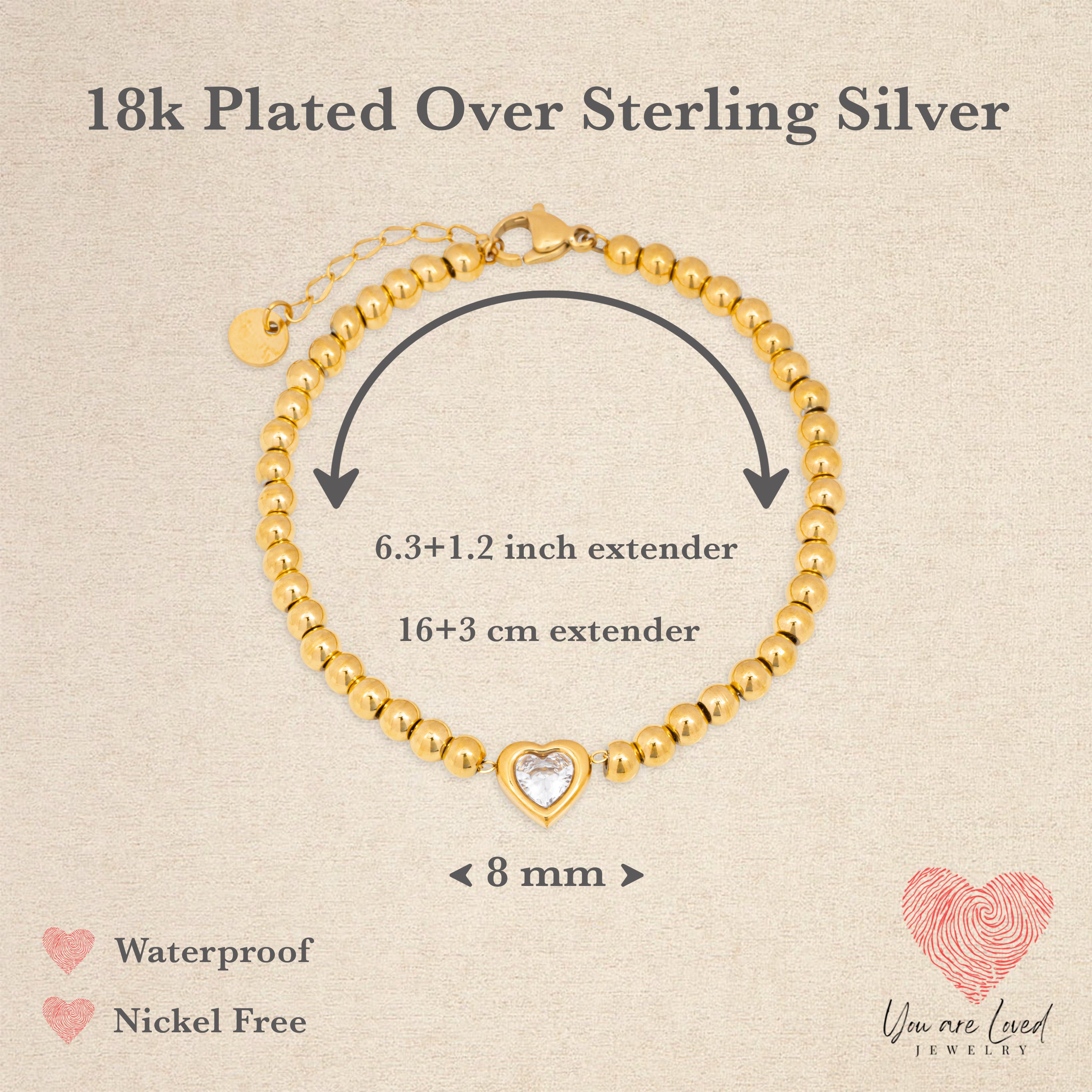 shows the dimensions of the bride heart bracelet and that it is water proof and nickel free