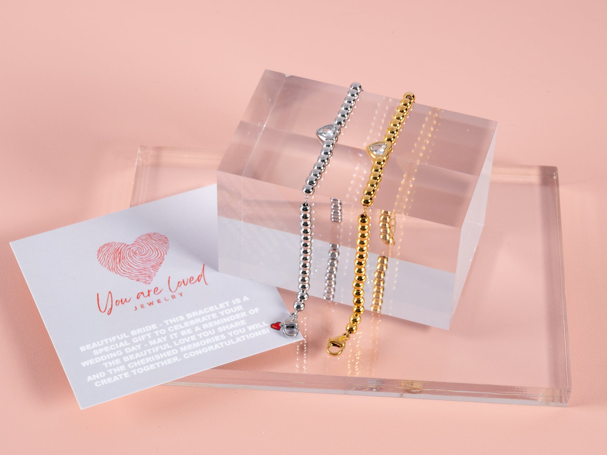 Gift to Bride single heart gemstone bracelets available in gold or silver and come with congrats to bride card for a perfect bridal shower gift or wedding gift to bride