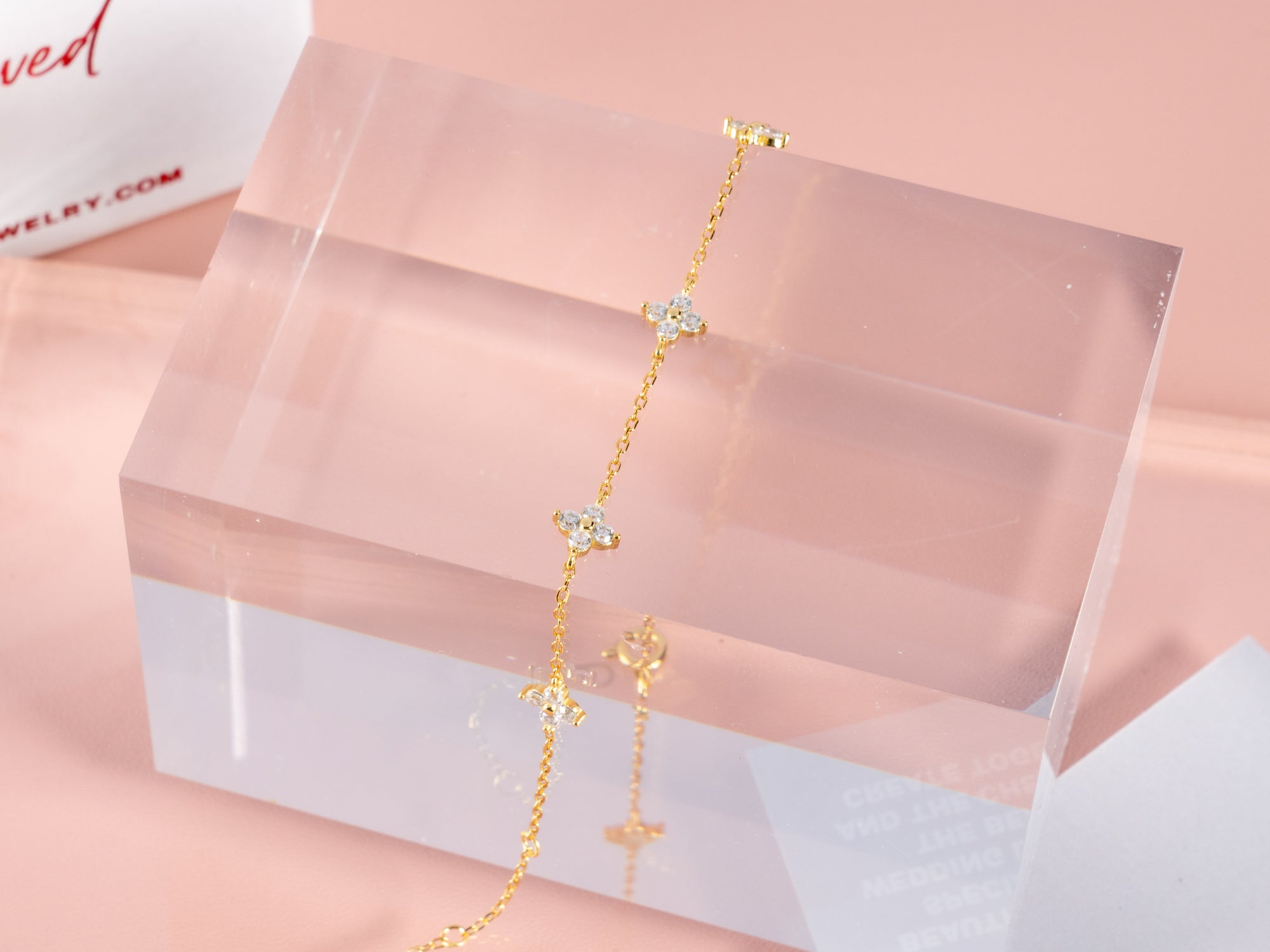 crystal clover bracelet that can be gifted to bridesmaids and comes with a can't tie the knot without you gift pouch