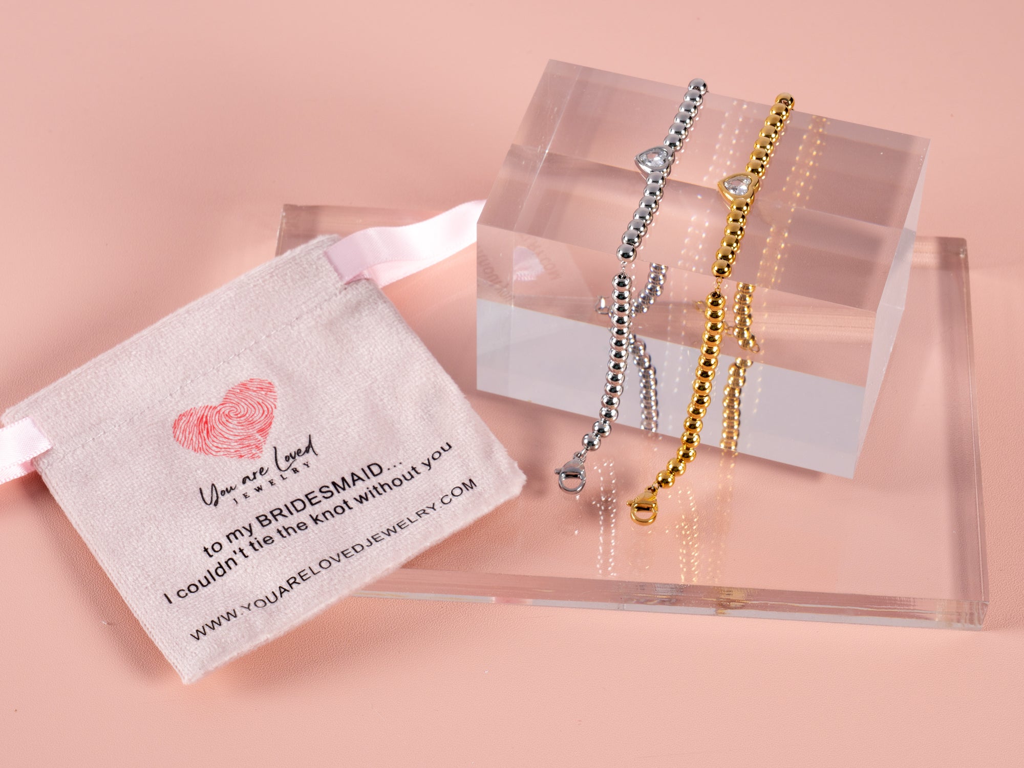 heart to heart gemstone bracelet that shows a can't tie the knot without you pouch that can be gifted to bridesmaids 
